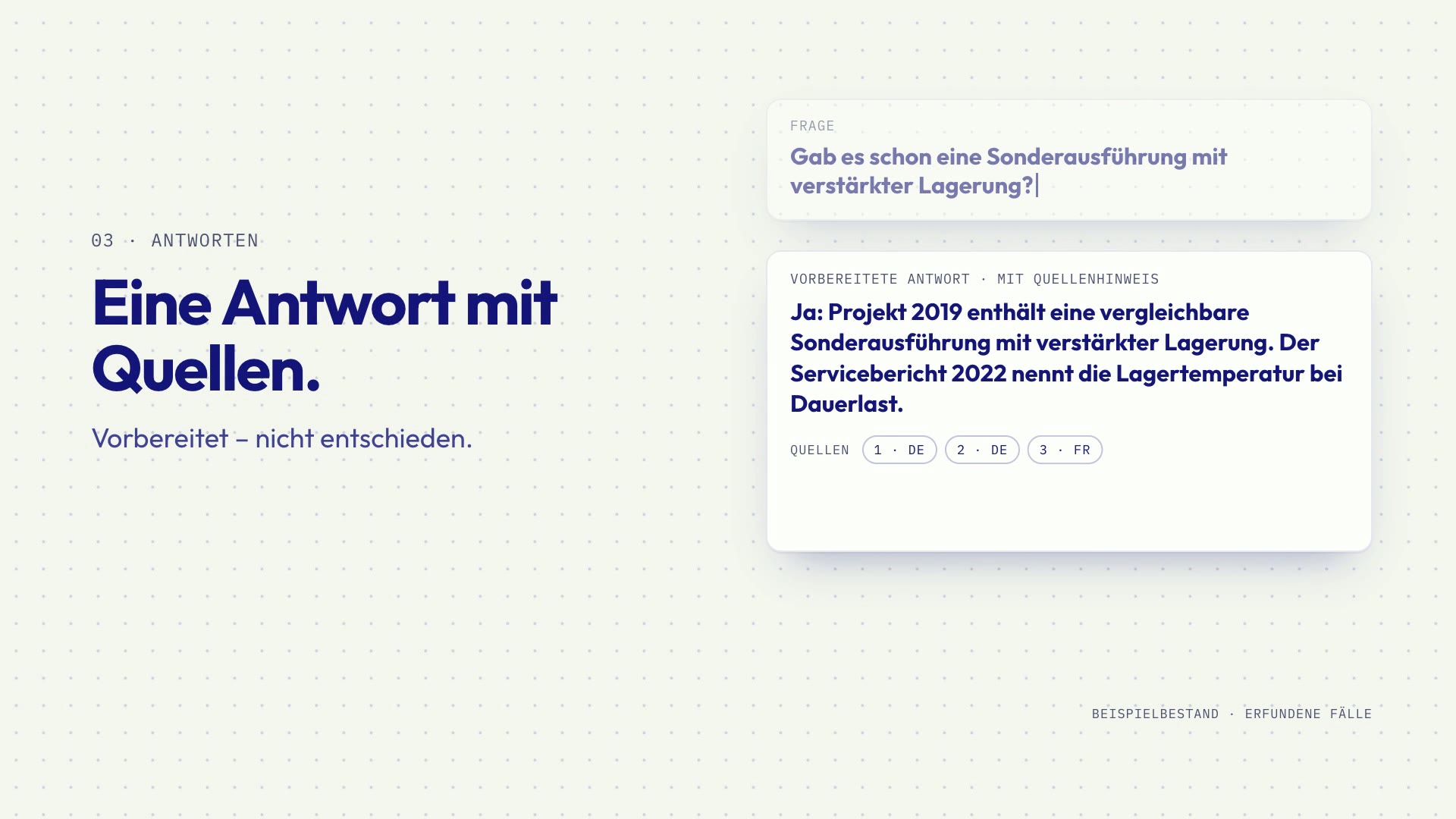 Vorbereitete Antwort auf eine technische Frage mit Quellenhinweisen