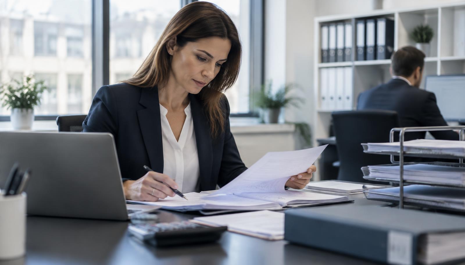 Treuhandfachperson bei der sorgfältigen Prüfung administrativer Dokumente
